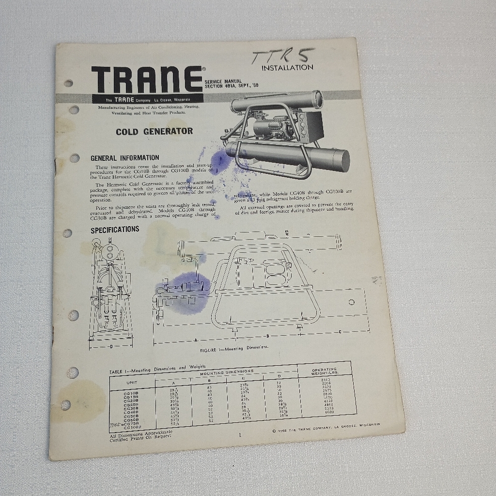 TRANE service manual installation Cold generator Sept. 1960 CG10B- CG100B read
